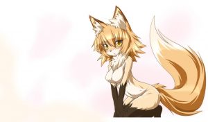 Japanese anime drawing of kneeling girl dressed as a fox