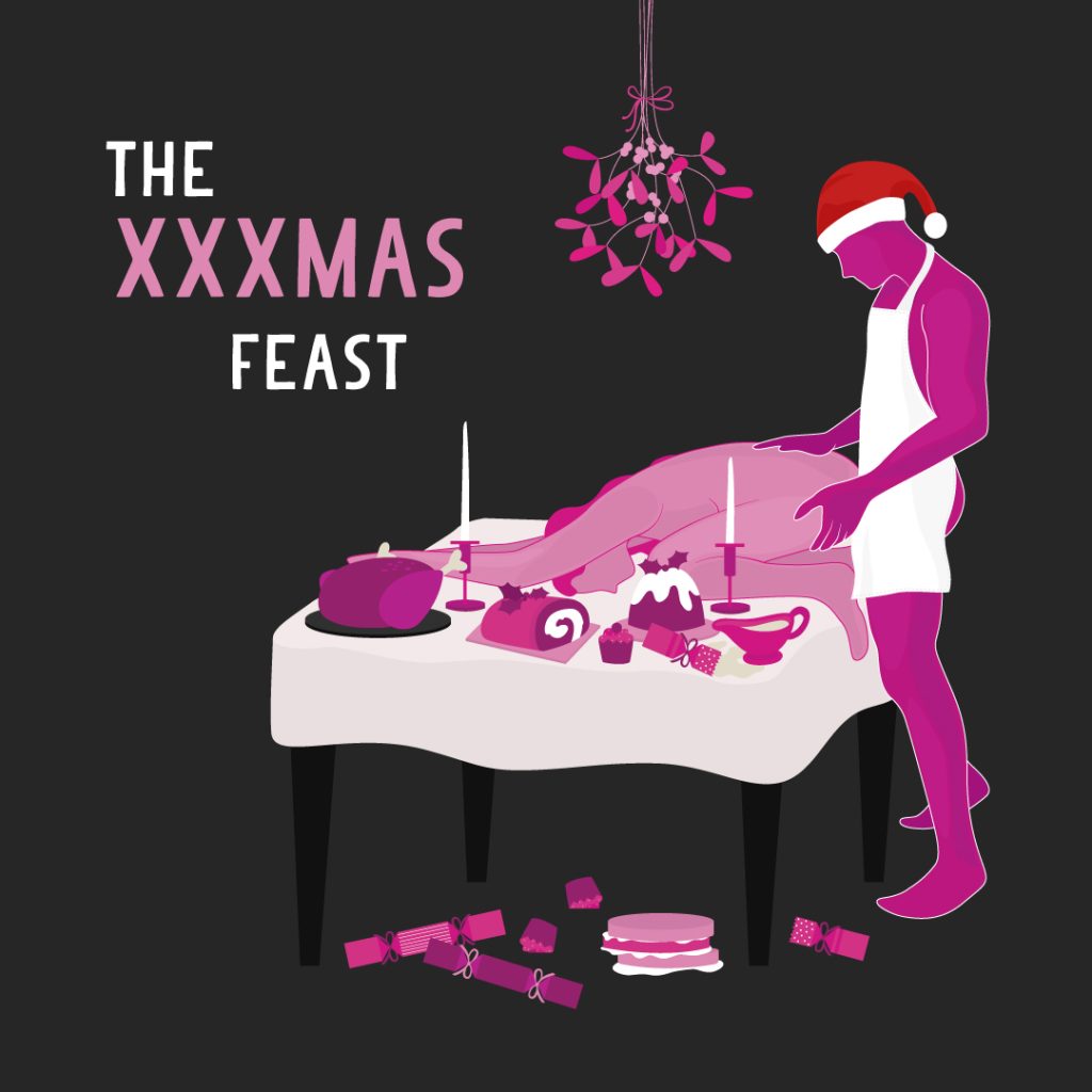 Bondara Sex Toy Blog -The XXXMAS Feast Sex Position - One partner is kneeling and lying face down on a table while their partner stands behind them. It is depicted as two partners having sex on the Christmas Dinner table. 