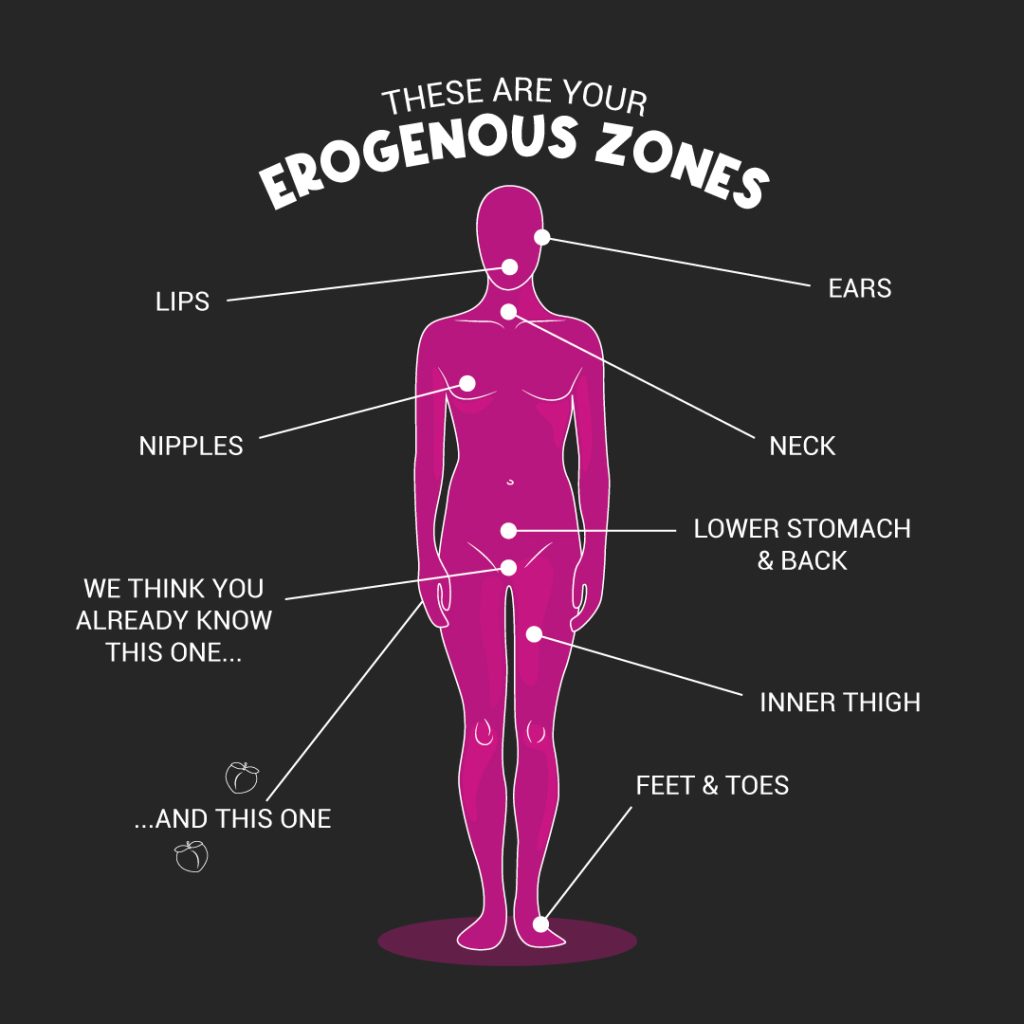 Bondara Sex Toys Blog - Where Are Your 7 Erogenous Zones? - Diagram of the erogenous zone including lips, ears, nipples, neck, stomach, thighs, feet and intimate areas. 