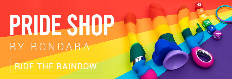 Bondara Sex Toy Blog - Supporting LGBT Foundation with Pride - Pride Shop Banner with a rainbow background and rainbow toys lined up along the colours