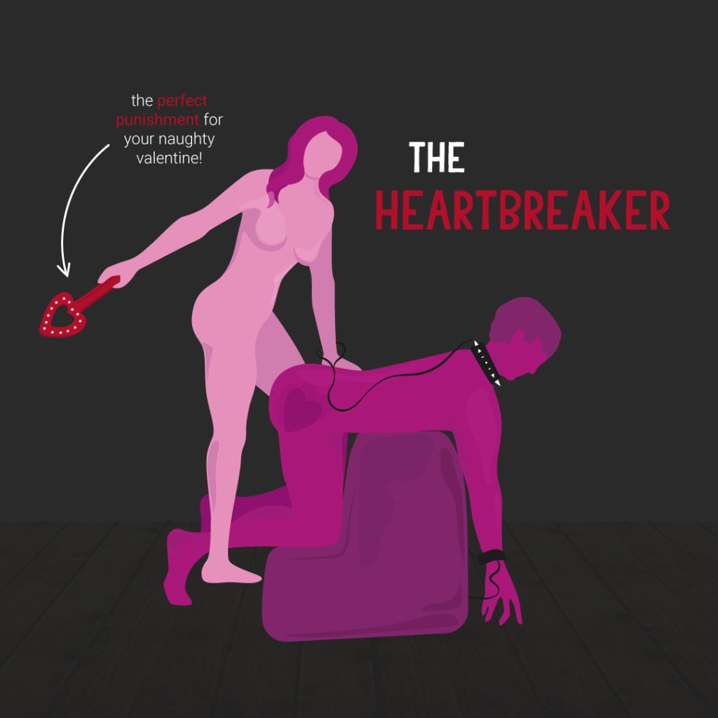 Bondara Sex Toys Blog - The Heartbreaker - The femme presenting person holds a heart shaped paddle, indicating they are going to spank the masc presenting person on the bottom. The masc presenting person leans over a sofa wearing a lead.