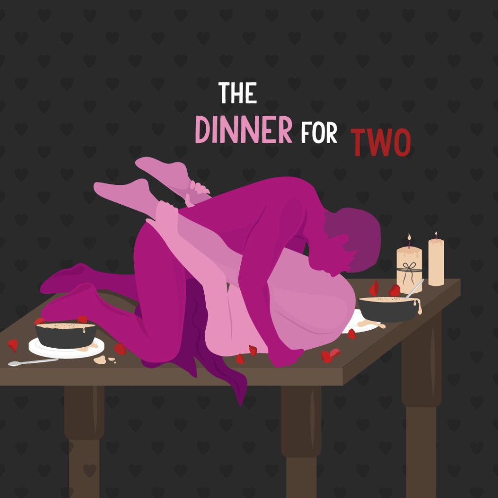 Bondara Sex Toys Blog - The Dinner for Two - A masc and femme presenting couple are in a 69-style position on top of a table. The femme person is laying on their back with their legs in the air. The masc person leans over them, with their face in their genitals. 