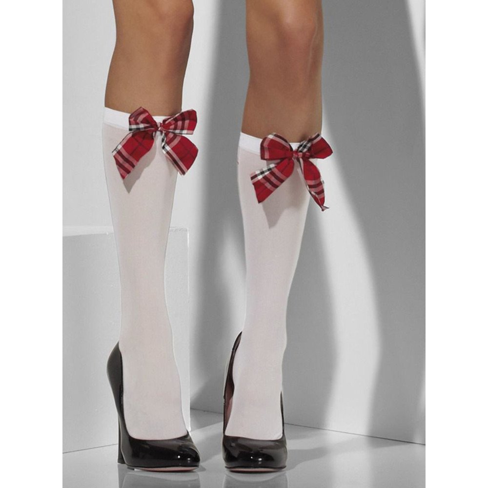 Scantily Plaid White Knee High Bow Socks