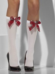 Scantily Plaid White Knee High Bow Socks