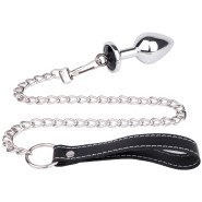 Bejewelled Black Metal Butt Plug with Leash - 3.2 Inch