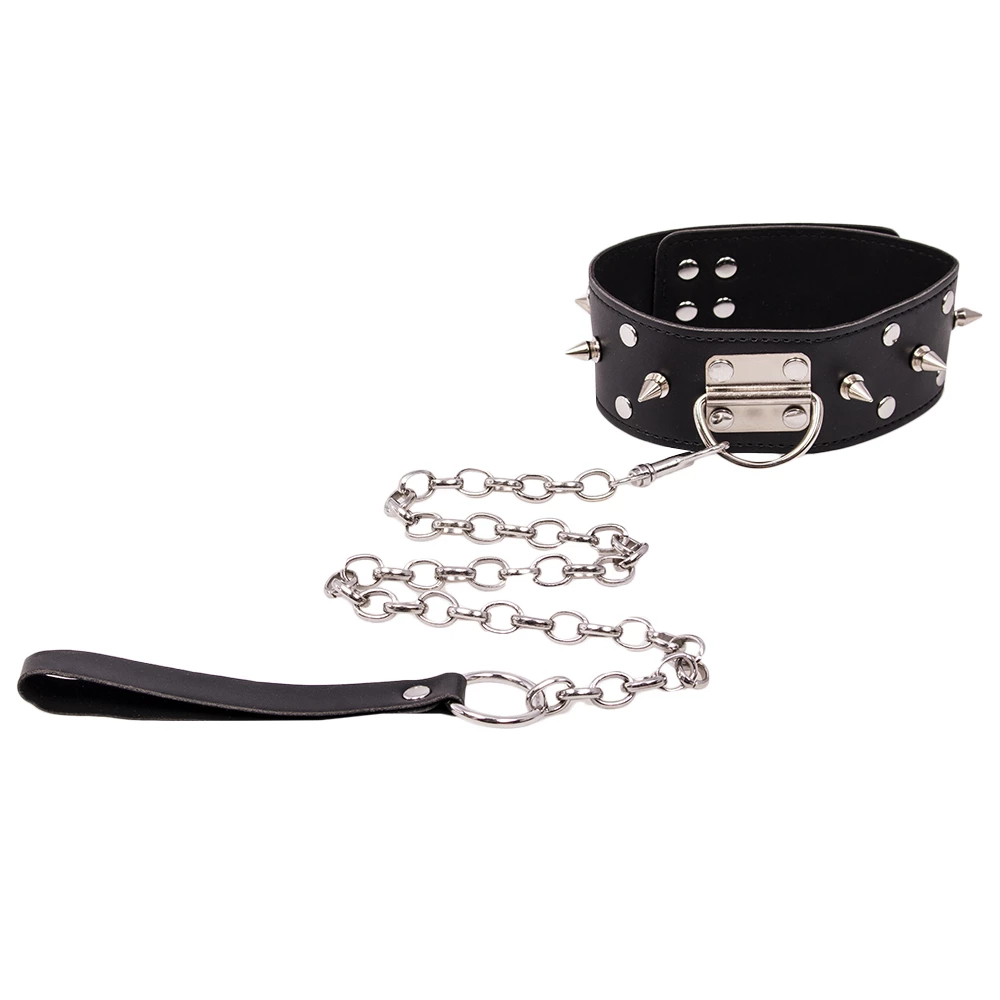 Torment Black Leather Spiked Collar With Leash