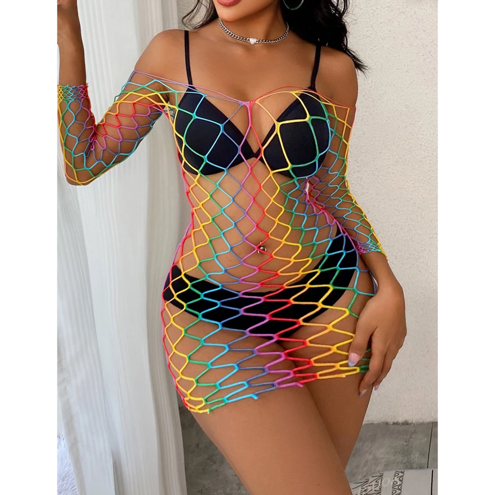 Flirt Rave Babe Rainbow Longsleeve Bodystocking Dress