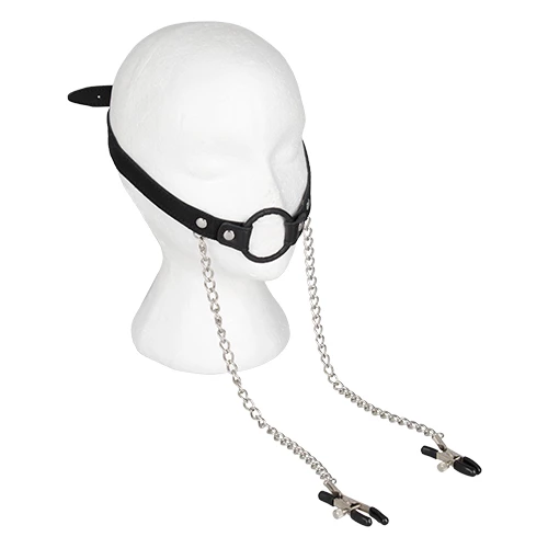Dual Sensation Leather O-Ring Mouth Gag & Nipple Clamps