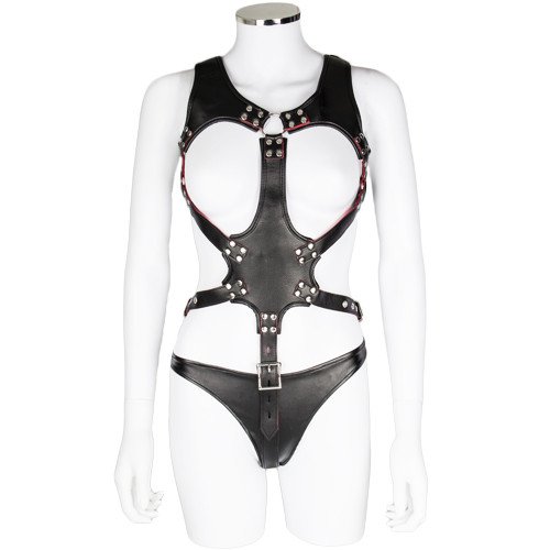 Bondara Black Faux Leather Red Suede Chastity Body Harness