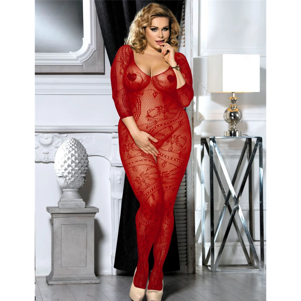 Belle Plus Size Red Fishnet Crotchless Bodystocking
