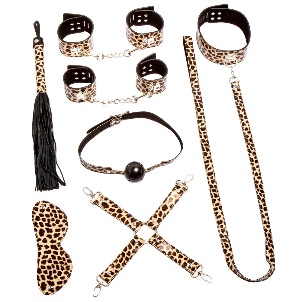 Untamed Leopard Print PVC 8 Piece Bondage Set