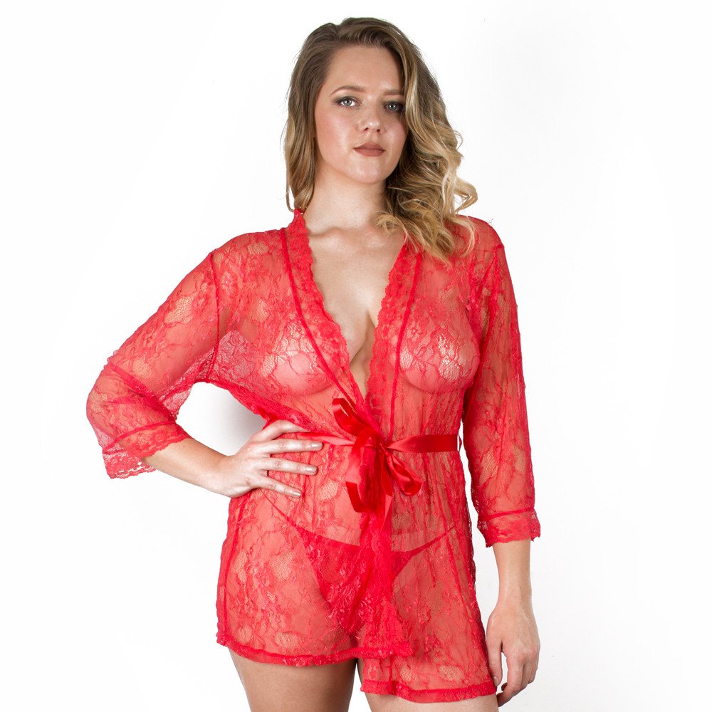 Bondara Belle Plus Size Red Lace Tie Up Robe and G-String