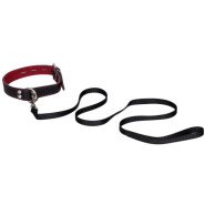 Bondara Luxe Black & Red Leather Collar with Leash