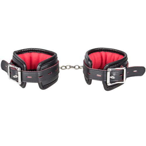 Bondara Black Faux Leather Red Suede Padlocked Ankle Cuffs