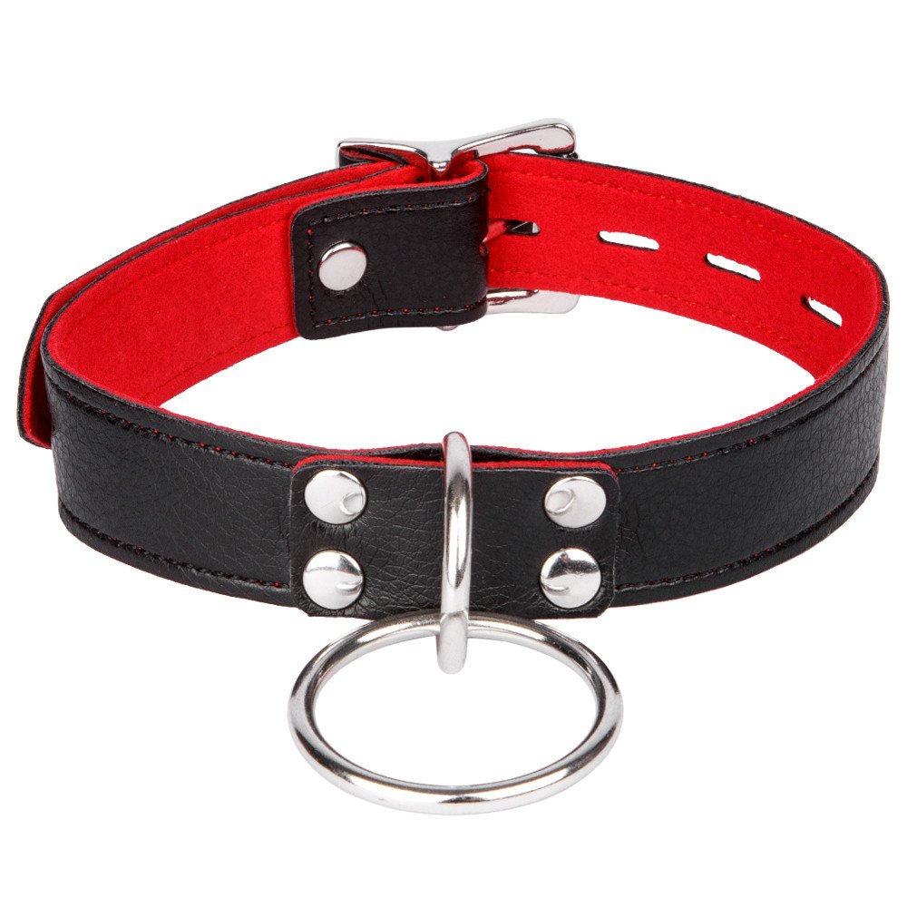 Bondara Black Faux Leather Red Suede Padlocked O-Ring Collar