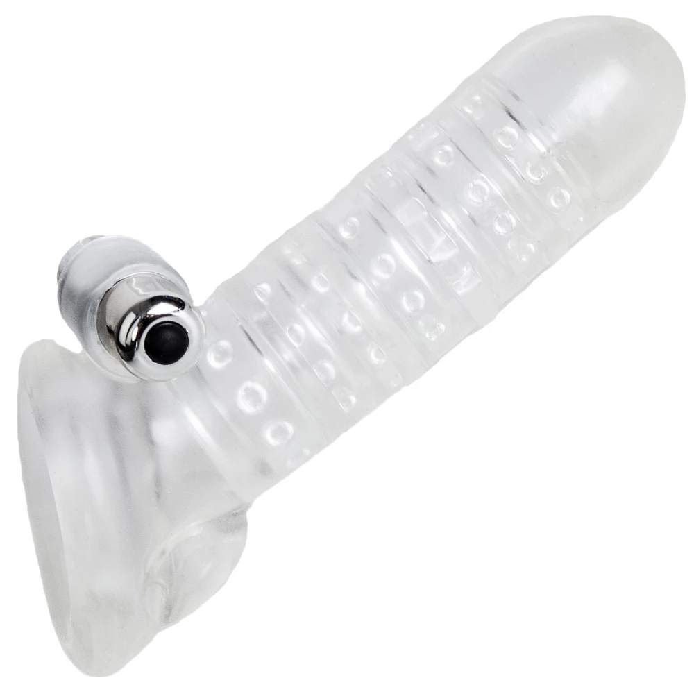Packaged Clear Textured Vibrating Cock Sleeve with Ball Strap