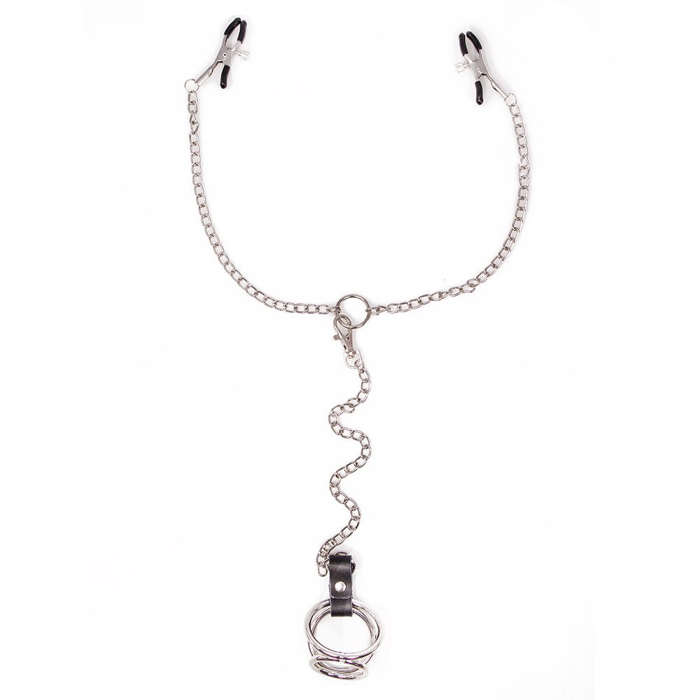 Torment Steel Chain Nipple Clamps & Triple Cock Ring Harness